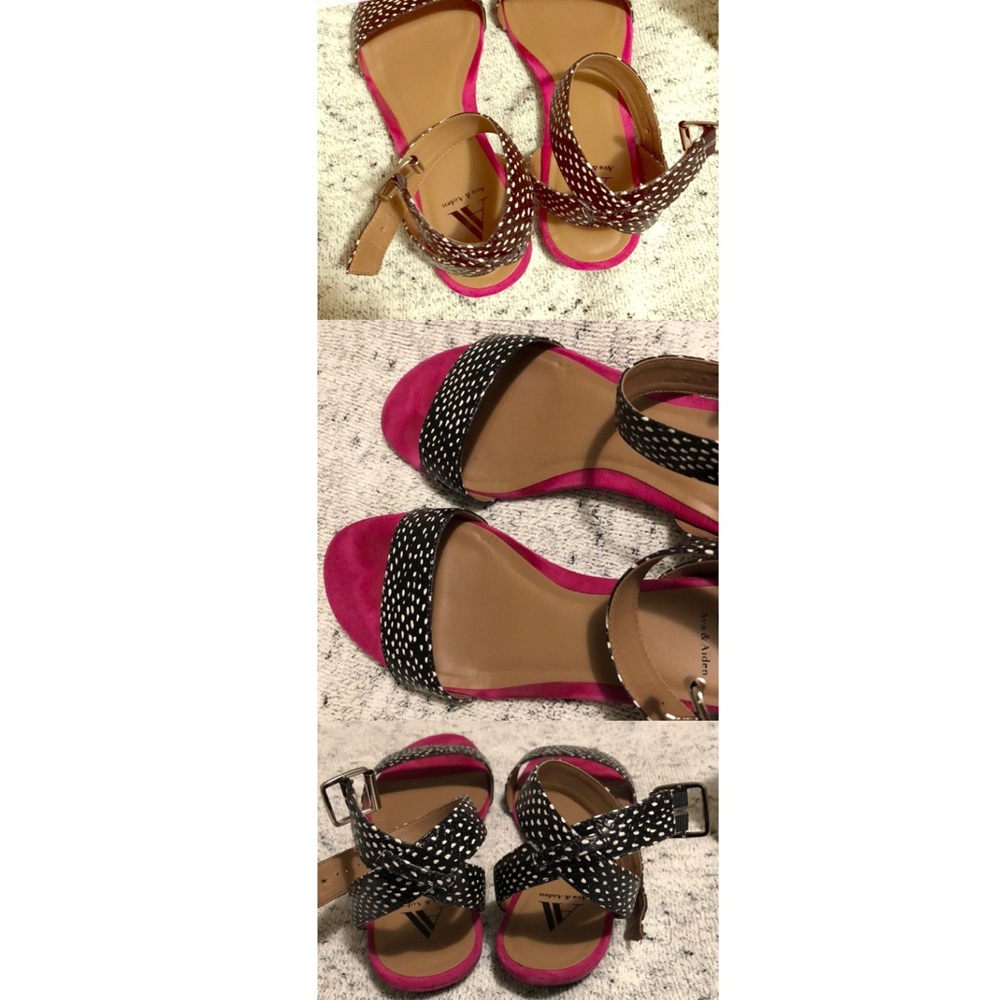 Ava & Aiden black & white printed sandals w/ pink